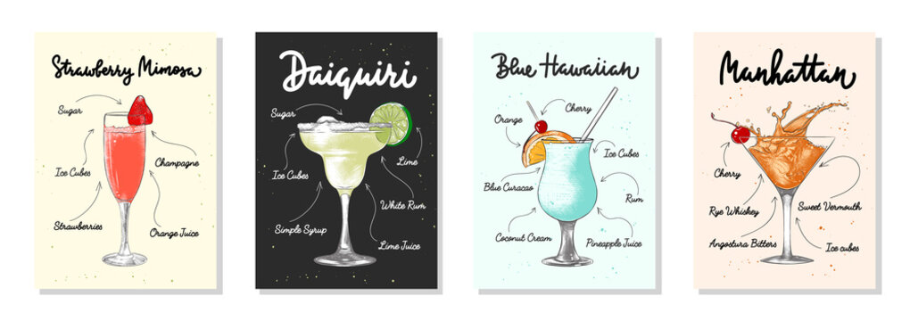 Set of 4 advertising recipe lists with alcoholic drinks, cocktails and beverages lettering posters, wall decoration, prints, menu design. Hand drawn typography with sketches. Handwritten calligraphy.