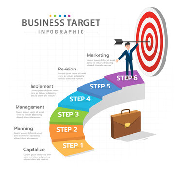 Infographic template for business. 6 Steps Modern Target diagram with staircase, presentation vector infographic.