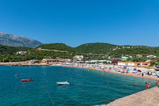 Utjeha, Montenegro - July 07, 2021: Utjeha Beach on the Adriatic coast in Montenegro.
