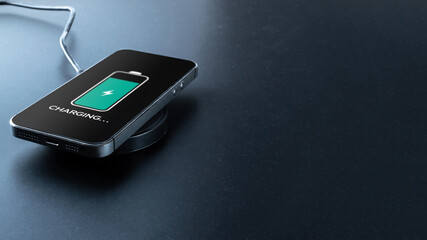Phone charge. Mobile cell phone charge battery from wireless smart charger. Modern technology,...