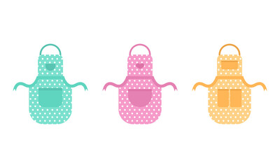 Set of colorful aprons, polka dot apron, kitchen apron, chef, kitchen apparel, kitchen utensils, tools, cooking, modern flat illustration, pink apron, yellow, green.
