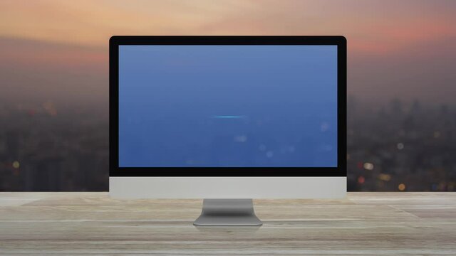 Law flat icon on desktop modern computer monitor screen on wooden table over blur of cityscape on warm light sundown, Business legal service online concept