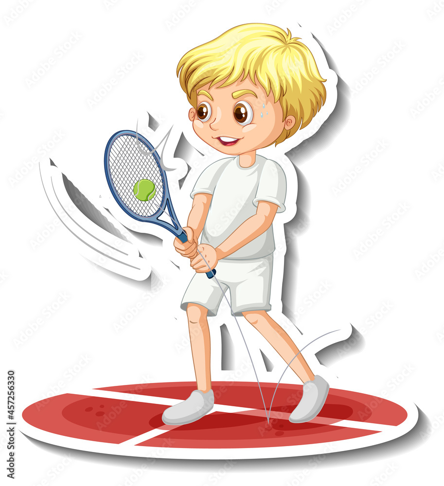 Wall mural Cartoon character sticker with a boy playing tennis