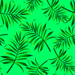 Fototapeta na wymiar Green tropical palm leaves seamless vector pattern on the black background.Trendy summer print.