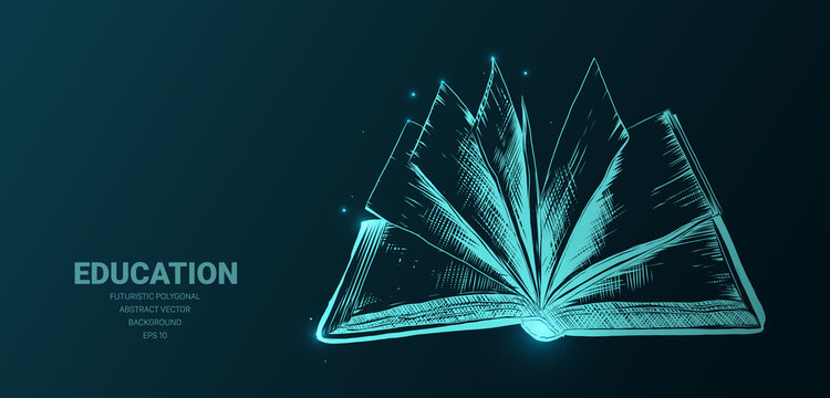 Futuristic illustration with hologram neon open book sketch, concept glowing icon sign on dark background. Vector digital art, technology, education, school, reading, writer, information concept.