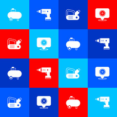 Set Air compressor, Electric cordless screwdriver, planer tool and Circular saw blade icon. Vector