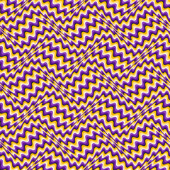 Optical illusion seamless pattern. Moving repeatable texture of purple and golden winding stripes.