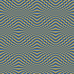 Optical illusion seamless pattern. Moving repeatable texture of blue and golden zigzag stripes.