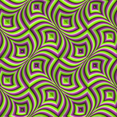 Optical illusion seamless pattern. Moving repeatable texture of green purple striped fancy shapes.