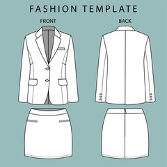 blazer and skirt front and back view. office wear outfit. fashion flat sketch template