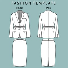 blazer and skirt front and back view. office wear outfit. fashion flat sketch template