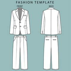 blazer and pant front and back view. office wear outfit. fashion flat sketch template