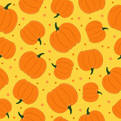 Seamless pattern of pumpkins on yellow background. Background for autumn decorative design