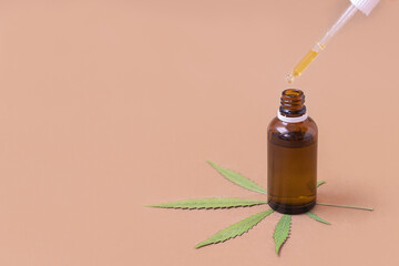 Green leaf of medicinal cannabis with bottle of extract oil on neutral background with copy space. Medical marijuana buds and hemp buds concept