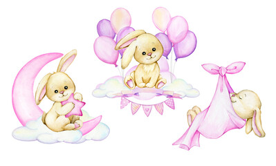Obraz na płótnie Canvas Cute bunny, sitting on a cloud, on a background of pink balloons. Watercolor clipart, on an isolated background, in a cartoon style.