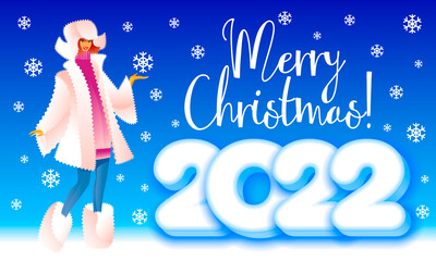 Vector stylish Greeting Card Merry Christmas 2022! Glamour Girl in Fur Coat. Modern Snow Maiden