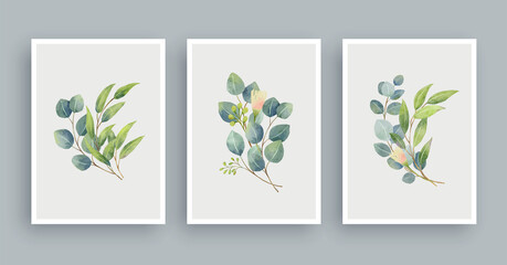 Botanical wall art watercolor painting background. Foliage art leaves and flower.