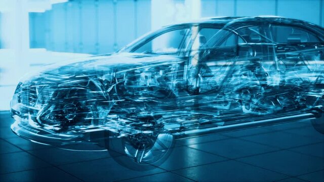 transparent car with engine in laboratory