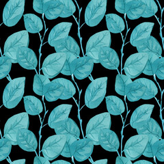 Watercolor seamless pattern with turquoise eucalyptus on black isolated hand drawn background. Botanical,wedding print hand painted.Designs for textiles,fabric,wrapping paper,packaging,social media.