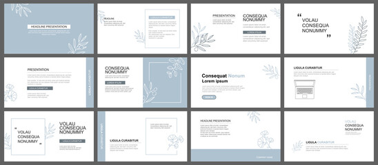 Presentation and slide layout background. Design blue pastel leaves template. Use for business keynote, presentation, slide, marketing, leaflet, advertising, template, modern style.