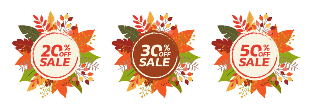 Autumn or Fall sale banner or badge set with leaf frame. 20, 30, 50 percent price off. Discount, promotion card design element with foliage border. Vector illustration.