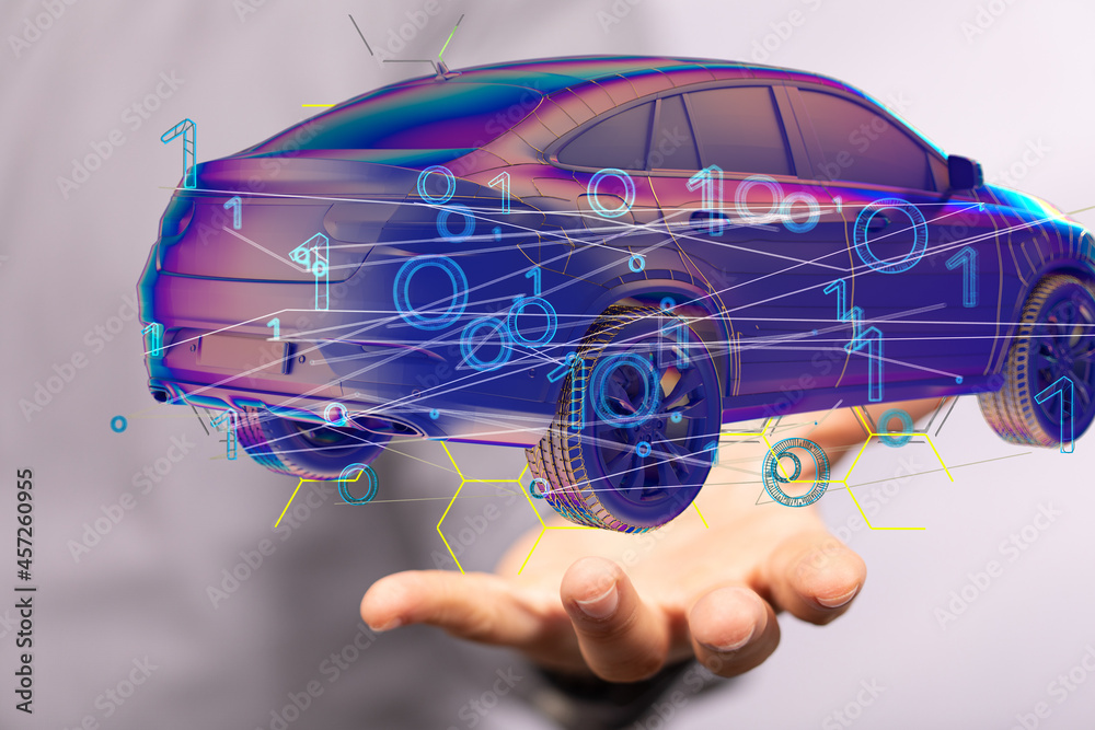 Poster autonomous car with hud graphic of navigation system driving