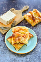 Bakery .Home made  cheese pie  with phyllo pastry and organic eggs. Traditional Bulgarian banitsa with white cheese