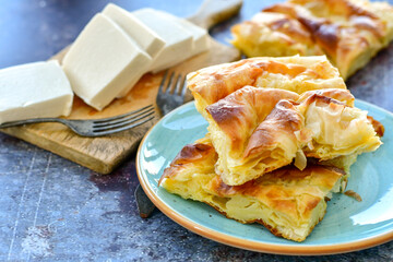 Bakery .Home made  cheese pie  with phyllo pastry, feta cheese  and organic eggs. Bulgarian banitsa