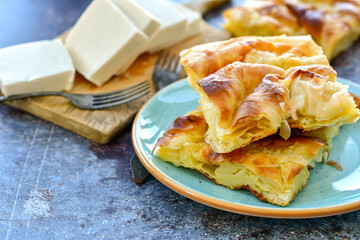 Bakery .Home made  cheese pie  with phyllo pastry, feta cheese  and organic eggs. Bulgarian banitsa