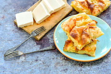 Bakery .Home made  cheese pie  with phyllo pastry, feta cheese  and organic eggs. Bulgarian banitsa