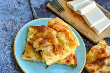 Bakery .Home made  cheese pie  with phyllo pastry, feta cheese  and organic eggs. Bulgarian banitsa