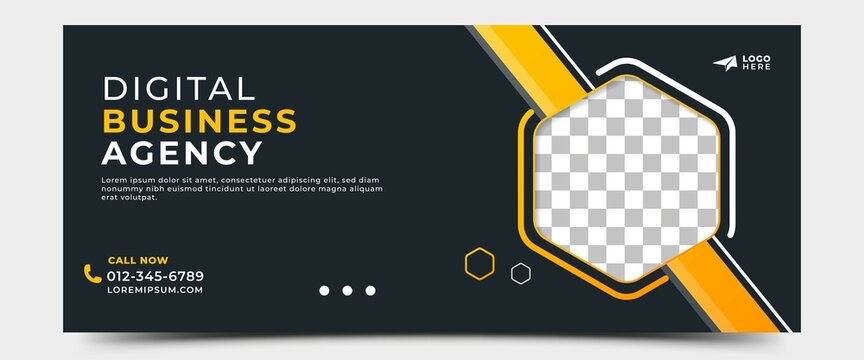 Horizontal banner template design with yellow shape and place for the photo. Usable for banner, cover, header, and background.