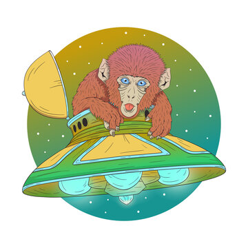 Blue eyed monkey sticking out his tongue. Green ufo with glowing blue light. T shirt design - vector illustration for merch. Tee graphics