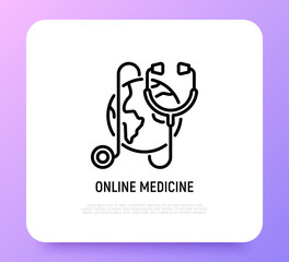 Online medicine thin line icon, stethoscope on globe. Modern vector illustration.