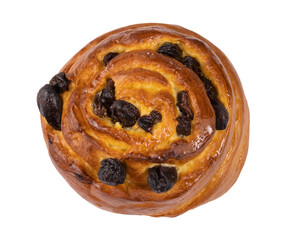 A bun with raisins in the shape of a snail, isolated on a white background. Fresh homemade cakes. Confectionery product. Top view.