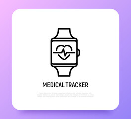 Smart watch with heartbeat thin line icon: medical tracker. Modern vector illustration.