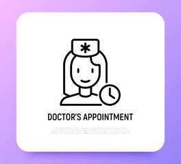 Doctor's appointment thin line icon: woman doctor with clock. Modern vector illustration.