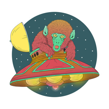 Alien monkey sticking out his tongue. Cool ufo with glowing yellow and purple light. T shirt design - vector illustration for merch. Tee graphics