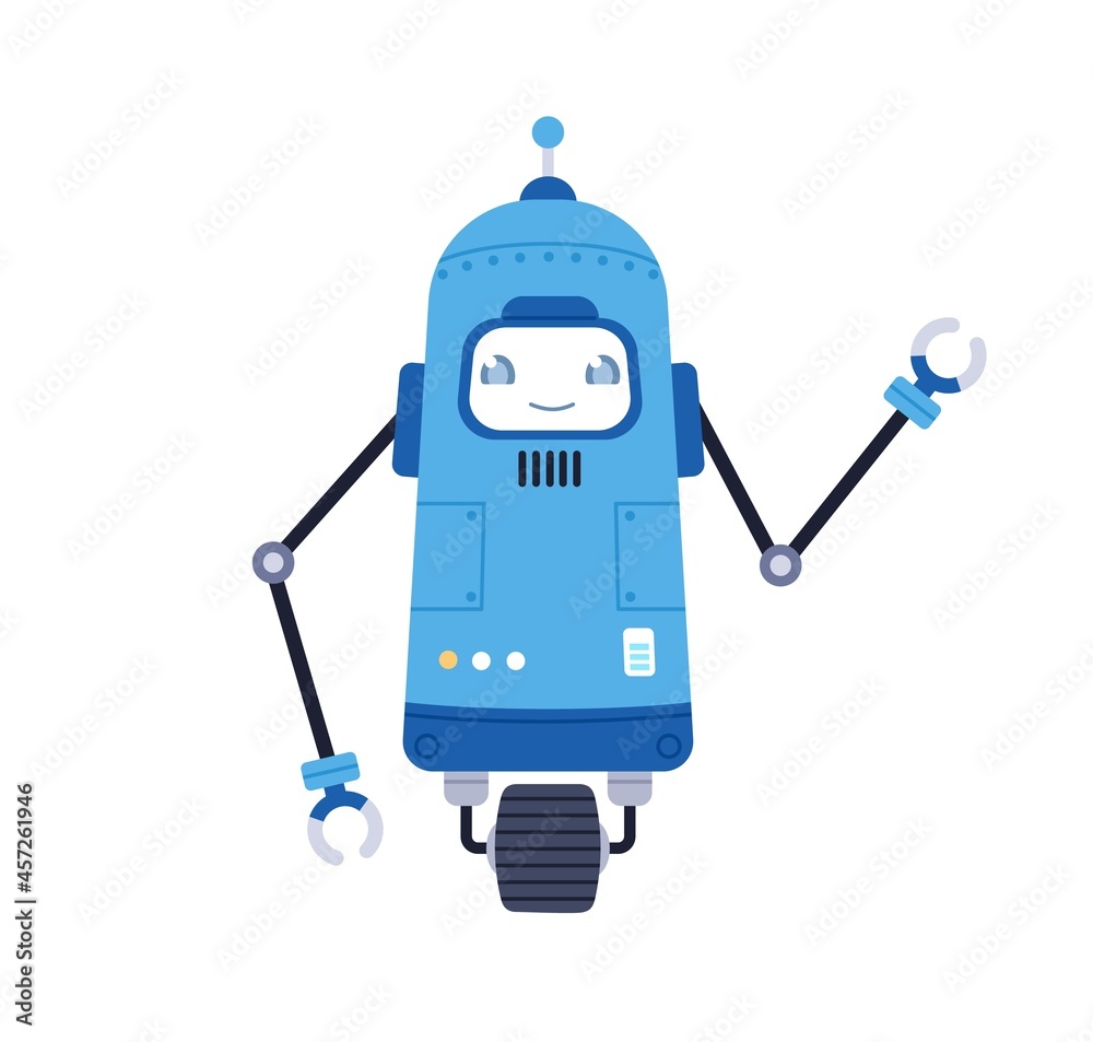 Poster cute single-wheeled robot toy. funny kids bot with happy smiling face and ai. adorable cyborg. moder