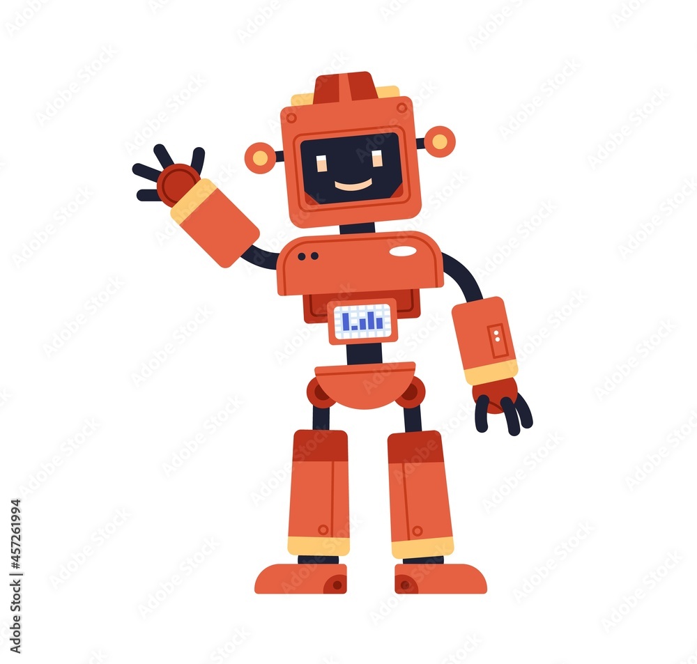 Aufkleber Cute robot toy in retro style. Funny kids bot with happy smiling face and screen. Adorable cyborg gesturing hi. Humanoid machine with AI. Colored flat vector illustration isolated on white background
