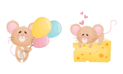 Fototapeta premium Cute Mouse Character as Small Rodent with Balloon Bunch and Lying on Cheese Slab Vector Set