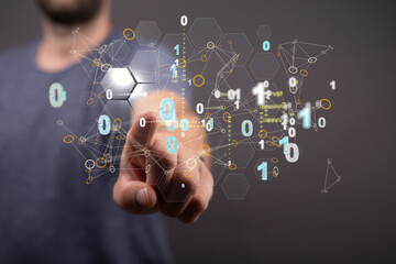 Obraz premium Businessman using data network with his fingers