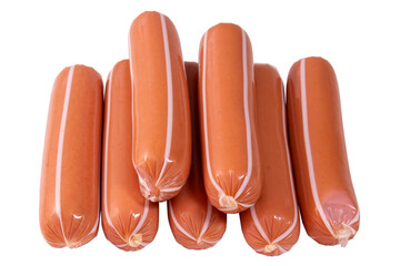 Sausages in a plastic shell side view.The meat product is ready to eat.Pork, beef and chicken sausages.Sausages for hot dogs.Top view isolated on a white background.