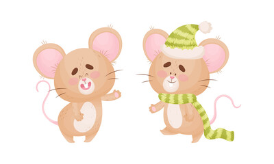 Cute Mouse Character as Small Rodent Wearing Knitted Hat and Waving Paw Vector Set