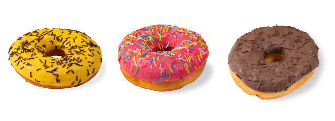 Three donuts covered with chocolate and sugar icing and chocolate chips isolated on a white background.Fresh bright pastries on a white background.