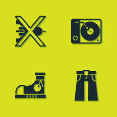 Set No war, Jeans wide, Sneakers and Vinyl player icon. Vector