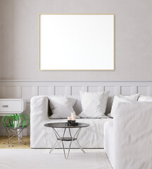Mockup poster in modern living room white interior background, 3D illustration. 3D render.