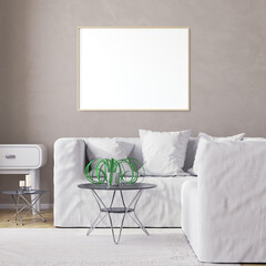 Mockup poster in modern living room white interior background, 3D illustration. 3D render.