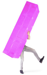 Man carrying a oversized pink cardboard box