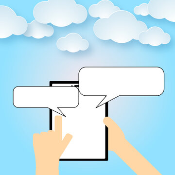 Hand touch screen smartphone icon with white empty sign or bord for text or message.Tecnology cocept.
